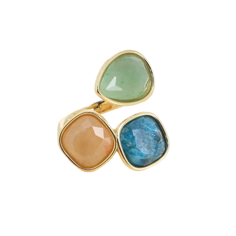 Bague trois pierres naturelles Apatite, Aventurine orange, aventurine verte
Acier inoxydable dorée
Taille Ajustable du 54 au 56
Pierres lithothérapie bague