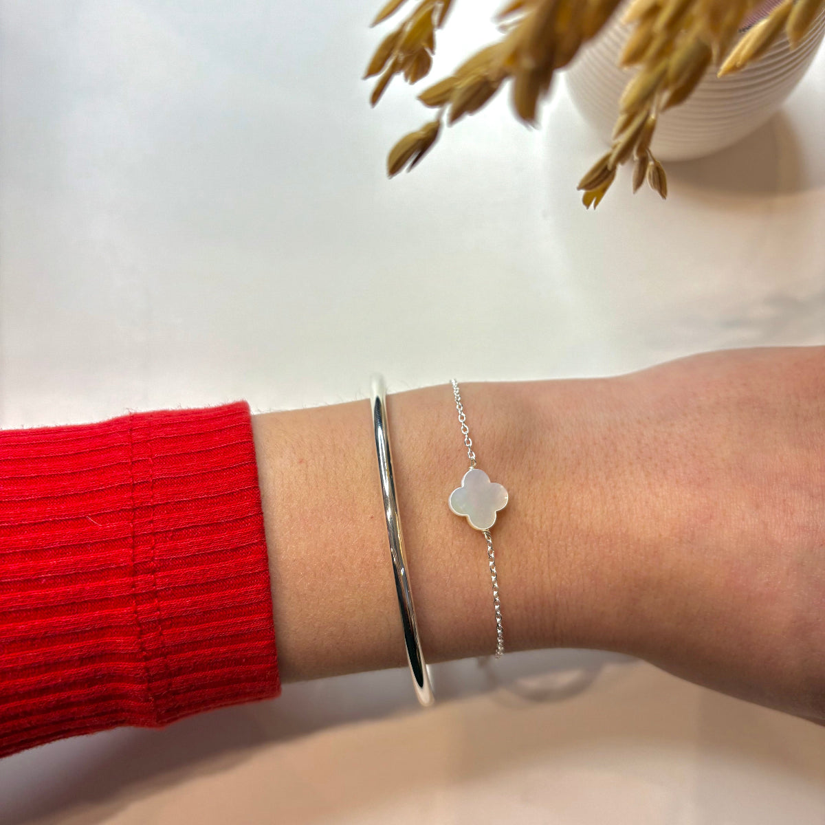 bracelet trefle nacre blanche argent 925