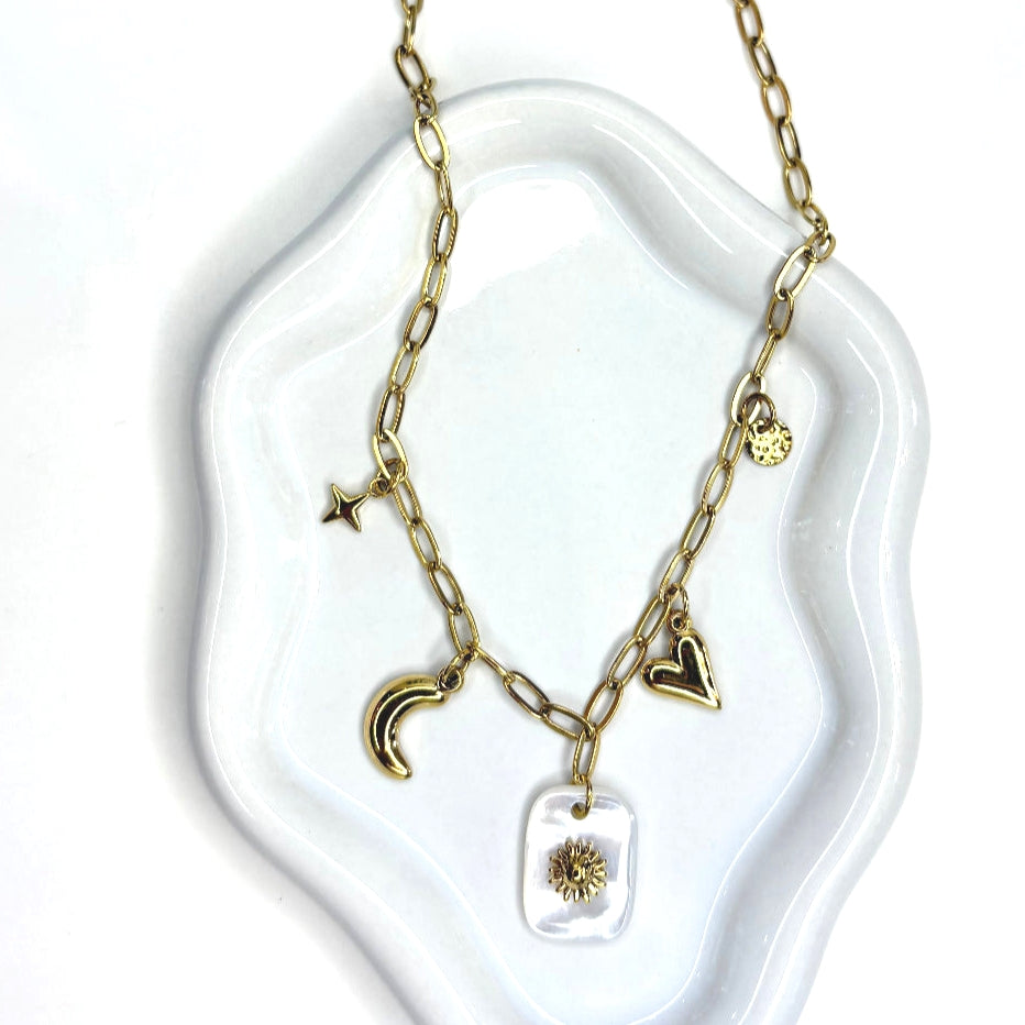 Collier pampilles Frida acier inoxydable doré et nacre blanche