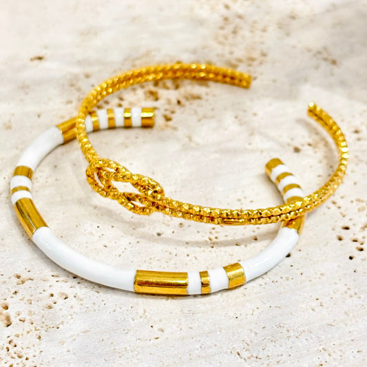 Bracelet Jonc texturé doré en acier inoxydable Kiara et bracelet jonc Eros acier inoxydable doré et émail