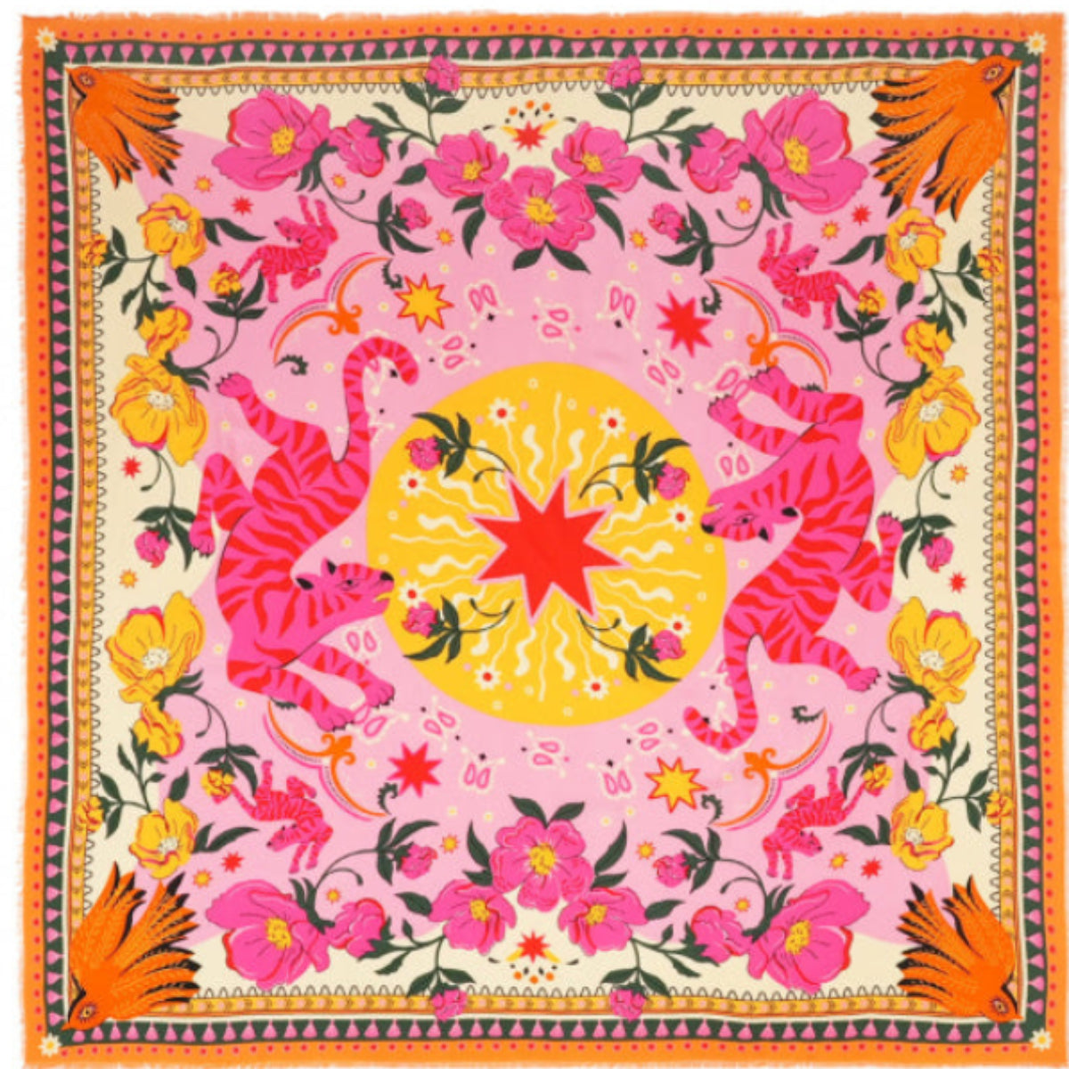 Articulé autour d’une étoile stylisée, l’imprimé BANDIDAS reprend les codes classiques du bandana — comme le motif paisley — et les réinvente en y mêlant un tigre docile et coloré, des fleurs estivales et des éléments d’esthétique mexicaine. Le résultat : une version girly aux influences multiples et lointaines. Décliné en trois couleurs, il est ici dans sa version rose avec des nuances de jaune, orange, rose, fuchsia, blanc et rouge.
• Matière principale: 100% Polyester recyclé
• Taille: 55 X 55 cm