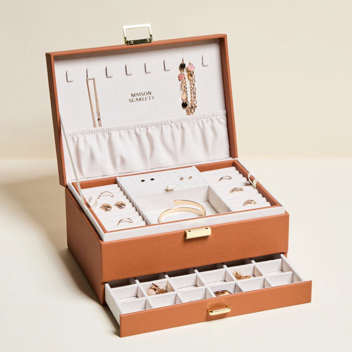 Grande boite à bijoux Denise Maison Scarlett similicuir camel caramel revendeur maison scarlett paris 16