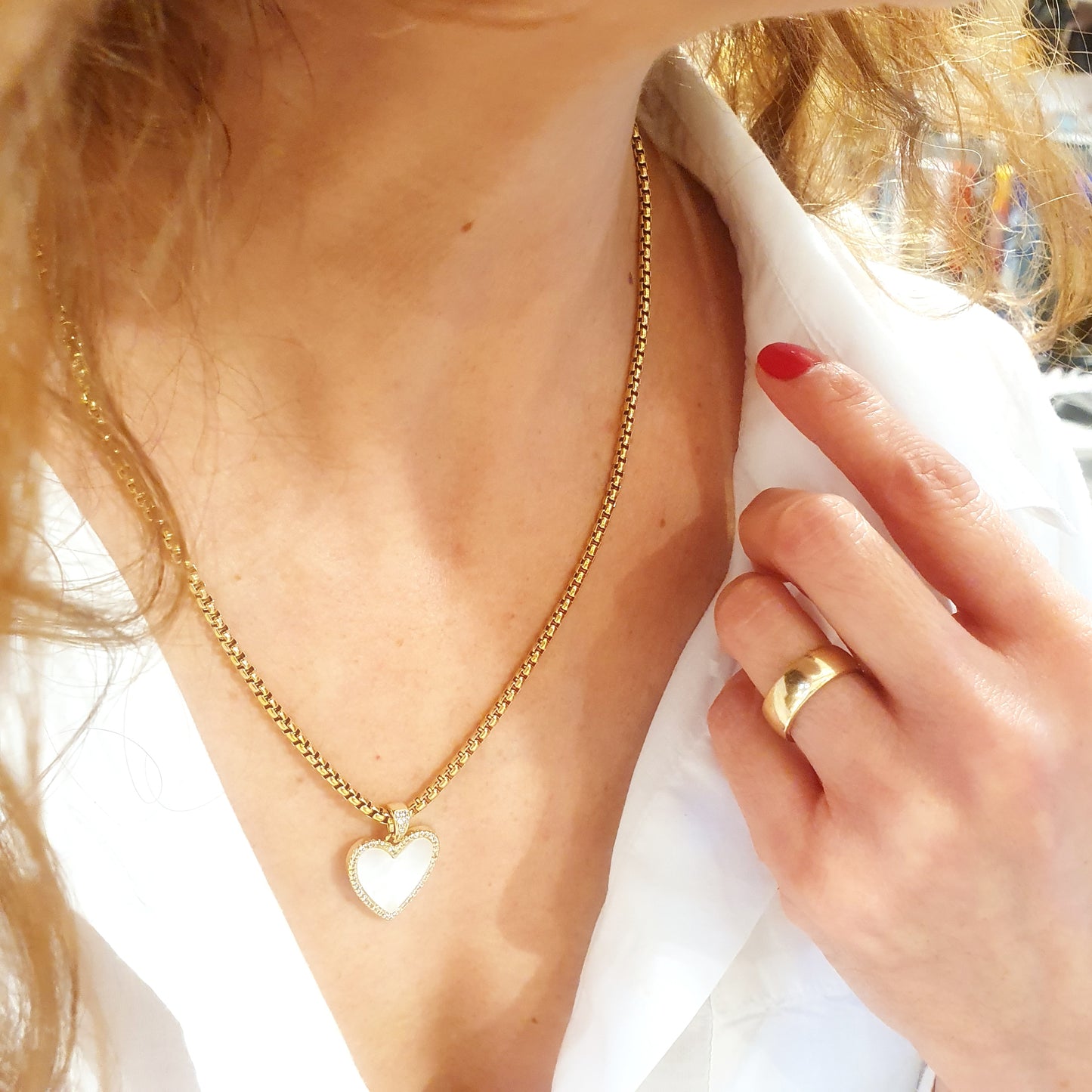 Collier Cœur en nacre blanche et Acier inoxydable