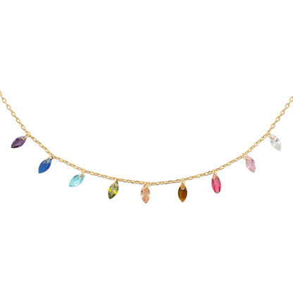 Collier plaqué or 18 carats et pampilles oxydes de zirconium effet cristal colorées
Longueur ajustable 
Bijoux plaqué or 18 carats
Bijoux plaqué or Paris
Bijouterie Paris 16