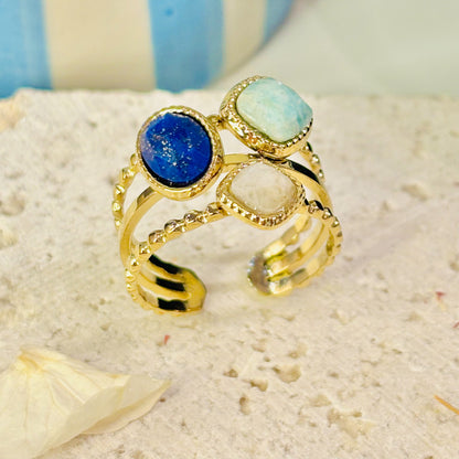Bague trois pierres lapis lazuli, agate bleue 
taille réglable