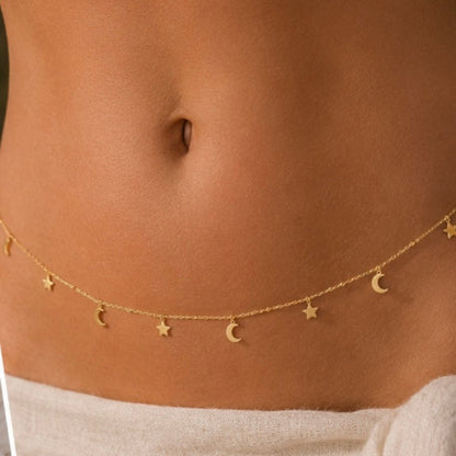 Bijou de taille acier inoxydable doré ajustable pampilles dorées en forme de lune et d'étoiles
Chaine de ventre doré pampilles originales acier inoxydable 
Bijou de taille paris 16
Bijoux de taille acier inoxydable paris