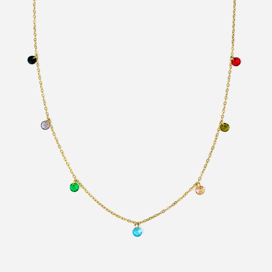 Bijou de taille acier inoxydable doré et pampilles cristaux colorés 
Chaine de ventre ajustable en acier inoxydable doré 
Bijou de taille acier inoxydable doré pampilles style zircons multicolores