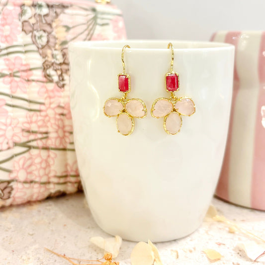 Boucles d'oreilles percées Leia en quartz rose et rhodonite 
