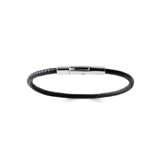 Bracelet fin cuir noir tressé avec fermeture acier argenté inoxydable Matheo - Gris Bijoux
Fermeture sécurisée
Cuir et acier inoxydable 
Tour de poignet : 19 cm