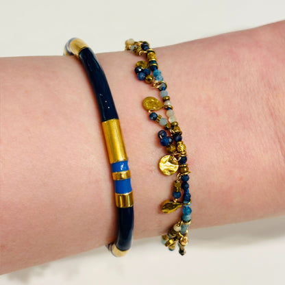 Bracelet ivy en pierres naturelles agate bleu et lapis lazuli, pampilles dorées