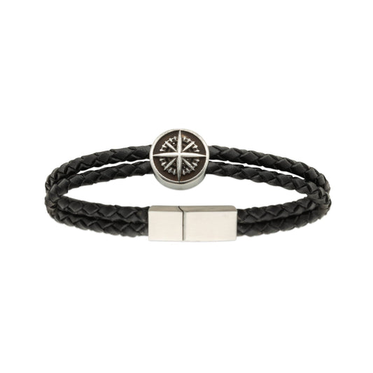 Bracelet pour homme David Gris Collection
Bracelet en cuir noir tressé
Détail argenté acier inoxydable Boussolle