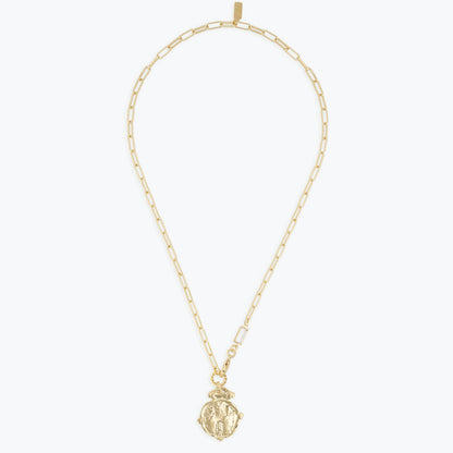 Collier Sautoir Athena
Virginie Berman créatrice de bijoux française
Collier doré à l'or fin 18 carats et fermoir en cristal blanc
Longueur de la chaine :  50 cm
Diamètre de la médaille : 3 cm 