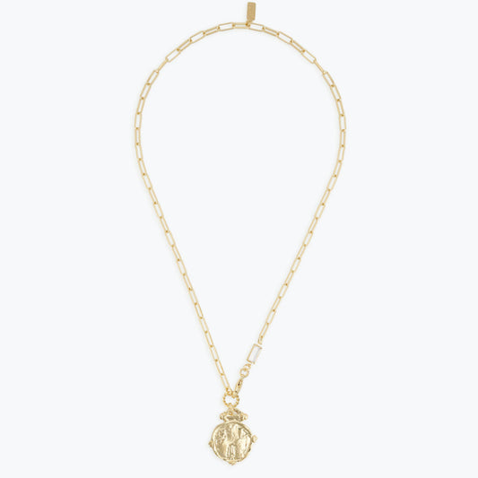 Collier Sautoir Athena
Virginie Berman créatrice de bijoux française
Collier doré à l'or fin 18 carats et fermoir en cristal blanc
Longueur de la chaine :  50 cm
Diamètre de la médaille : 3 cm 