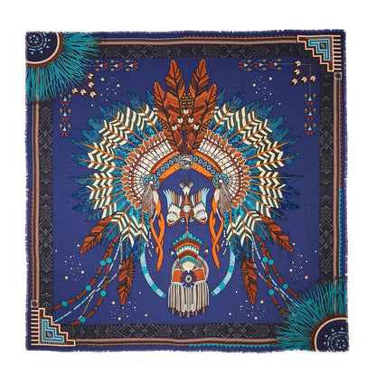 Foulard femme Nouveau Western Wild by Ipanema 
Taille : 130 x 130 cm 
Matière : Viscose
Bleu motif amérindien orange, écru, turquoise
Toucher façon soie 

Idée cadeau femme , cadeau de Noel , foulard , carré de soie dupe , Wild by Ipanema , Tendance , accessoires , Boho chic 