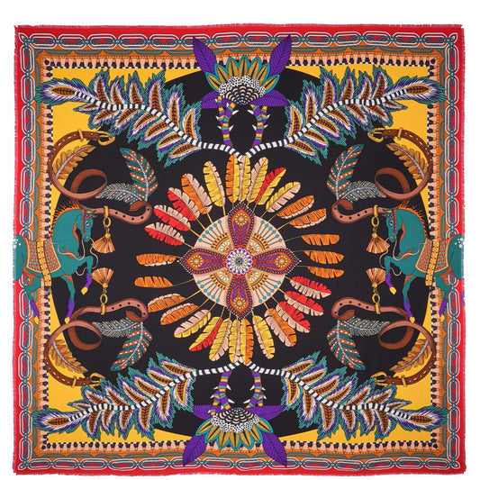 Foulard femme 
Modèle Pony Pony Wild by Hipanema
Coloris : Noir , Jaune , Orange, Bleu Canard
Taille : 90 x 90 cm
Matière : Polyester recyclé
Motifs amérindiens, chevaux, plumes
Idée Cadeau femme, accessoire 
