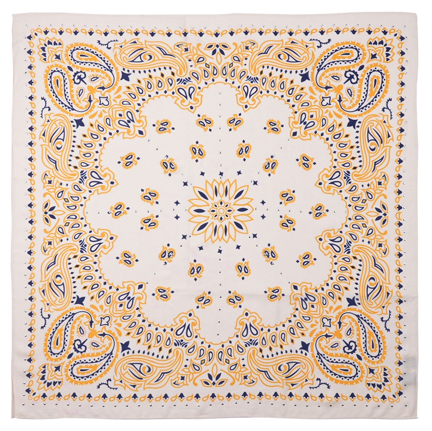 Foulard Ecru détails jaune safran , bleu nuit 
Wild by Hipanema
Grande Taille : 130 x 130 cm 
Matières : Laine et Modal
Idée Cadeau femme