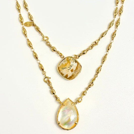 Collier Scapulaire Gas Bijoux nacre et jaspe paysage 
doré à l'or 24 carats 3 microns
Plusieurs colliers en un 
Collier Gas Bijoux rare 