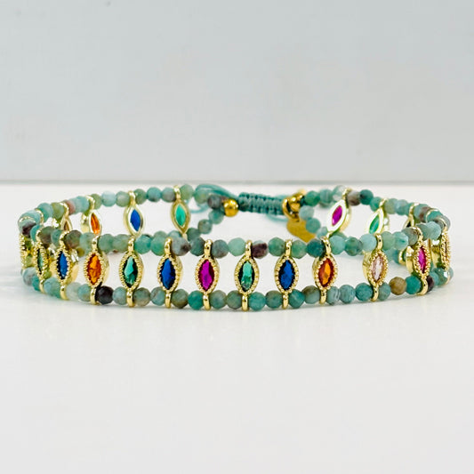 Bracelet Anita Gris Bijoux coloris amazonite et strass
Bracelets pierres naturelles et strass
Bracelet ajustable cordon 
Bracelet tendance été 