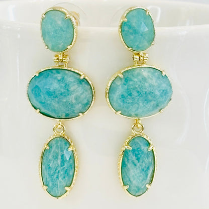 Boucles d'oreilles bohème chic en amazonite bleu et acier inoxydable doré