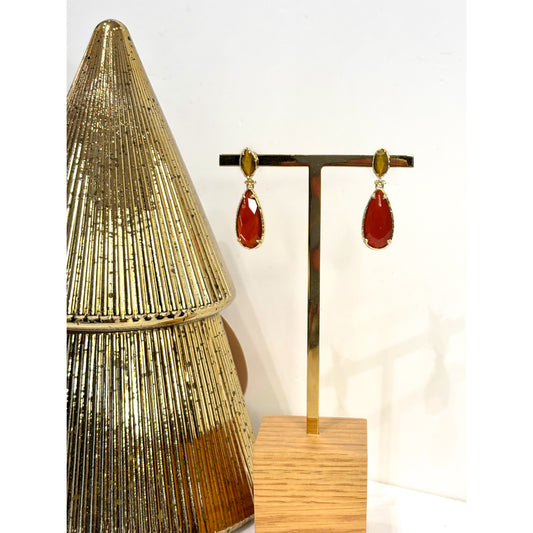 Boucles d'oreilles Oralie acier inoxydable doré, cornaline et œil de tigre - Gris Collection