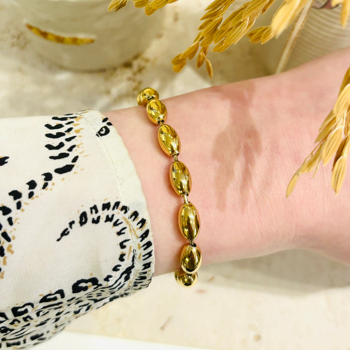 Bracelet perles grain de riz dorées en acier inoxydable