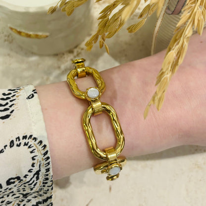 Bracelet grosse chaine acier inoxydable doré et oeil de chat blanc