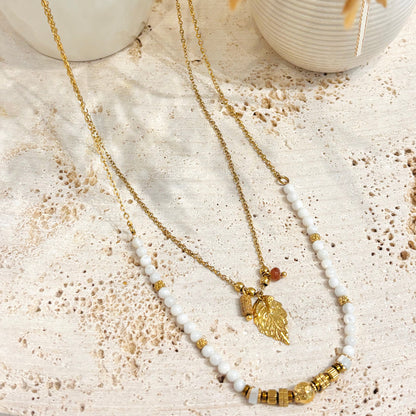Collier Maina double 
perles dorées et blanches
acier inoxydable