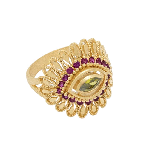 Bague Alya Virginie Berman Grenat 
Laiton Plaqué or 3 microns
Zirconium Rouge Grenat et Vert Péridot
Marque de bijoux française