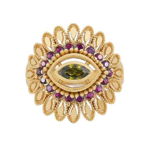 Virginie Berman bijoux
Bague Ayla de Virginie Berman
Bague Ayla zirconium rouge grenet et zircon péridot 
Laiton Plaqué or 3 microns