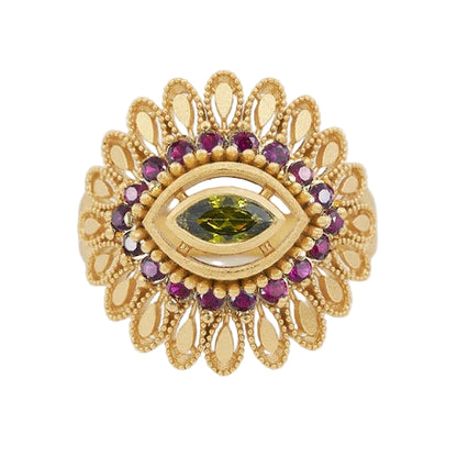 Virginie Berman bijoux
Bague Ayla de Virginie Berman
Bague Ayla zirconium rouge grenet et zircon péridot 
Laiton Plaqué or 3 microns