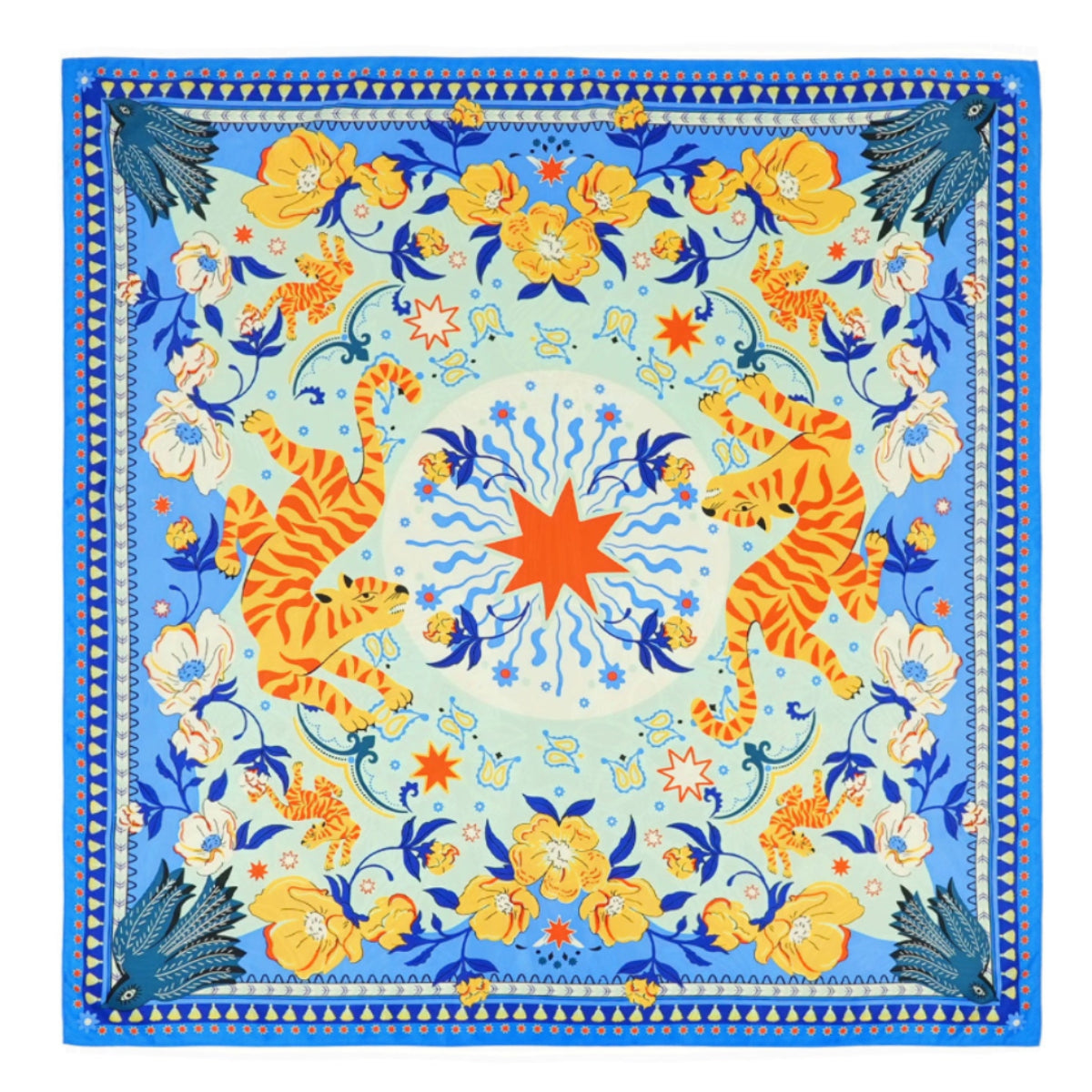 l’imprimé BANDIDAS reprend les codes classiques du bandana — comme le motif paisley — et les réinvente en y mêlant un tigre docile et coloré, des fleurs estivales et des éléments d’esthétique mexicaine. Le résultat : une version girly aux influences multiples et lointaines. Décliné en trois couleurs, il est ici dans sa version bleue avec des nuances de jaune, orange, corail, bleu cyan,bleu nuit, blanc et rouge.
• Matière principale: 100% Polyester recyclé
• Taille: 55x55