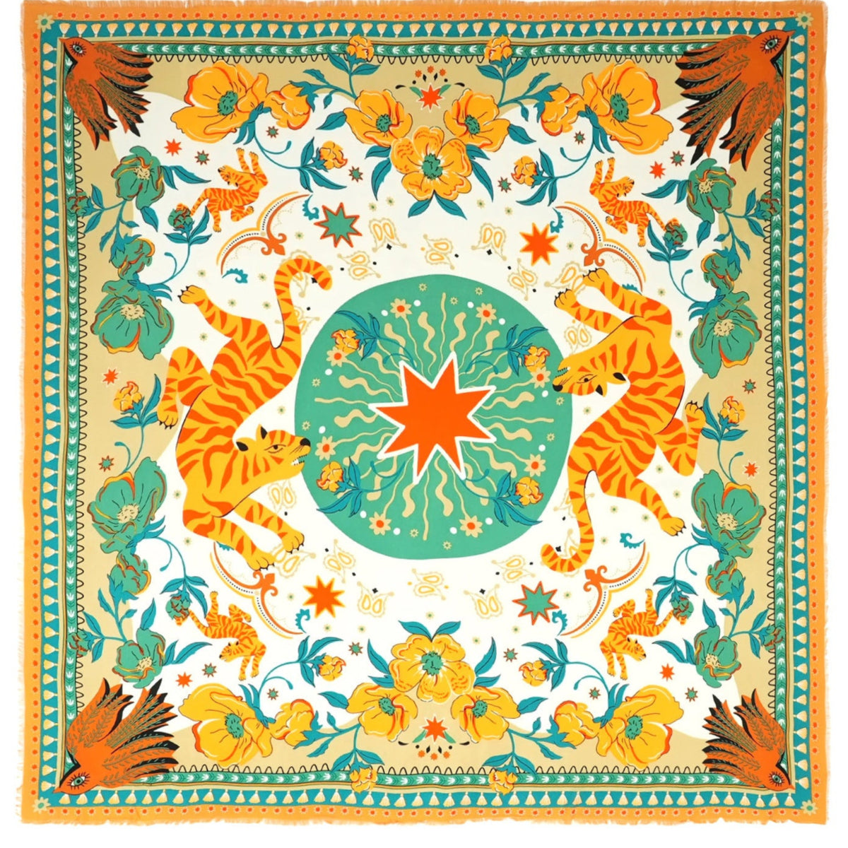 Articulé autour d’une étoile stylisée, l’imprimé BANDIDAS reprend les codes classiques du bandana — comme le motif paisley — et les réinvente en y mêlant un tigre docile et coloré, des fleurs estivales et des éléments d’esthétique mexicaine. Le résultat : une version girly aux influences multiples et lointaines. Décliné en trois couleurs, il est ici dans sa version verte avec des nuances de jaune, orange, corail, beige, kaki, turquoise, blanc et vert d'eau.

• Matière principale: 100% Polyester recyclé
