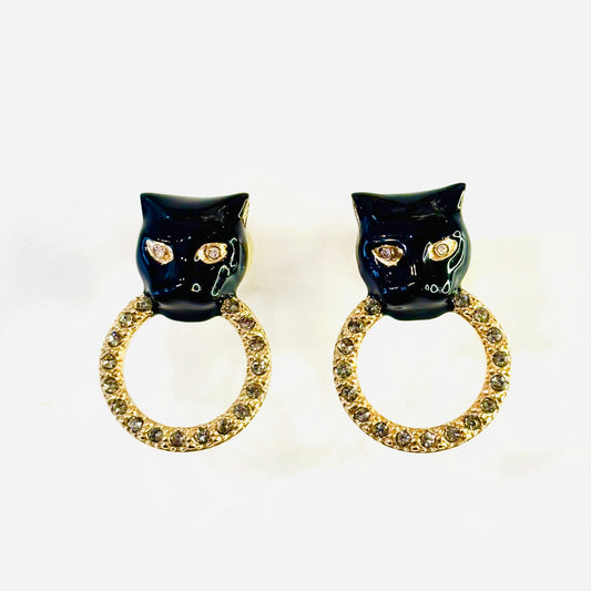 Boucles d'oreilles percées Polina Firenze 
tete de panthère émail noir plaqué or 24 carats et anneaux sertis 