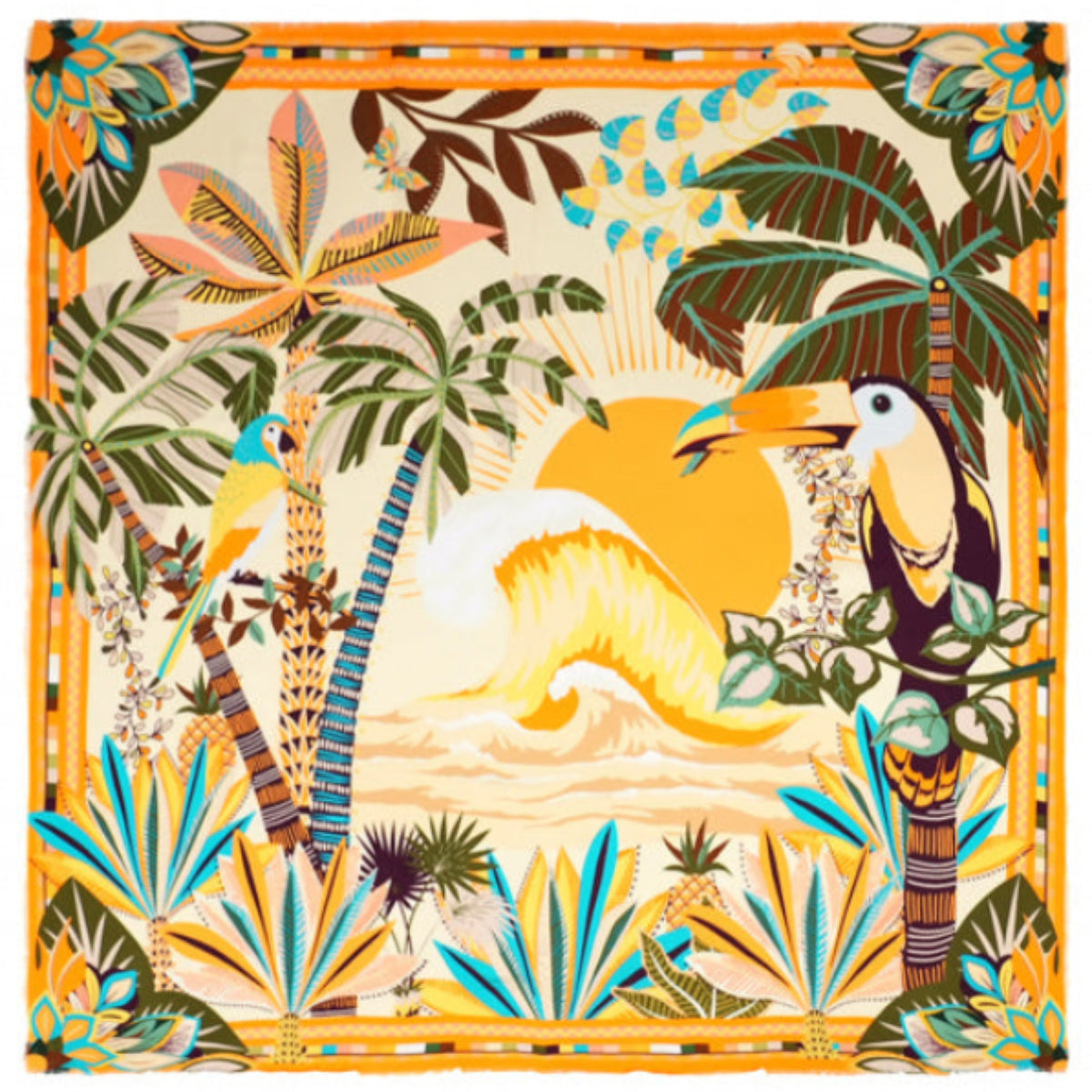 Chez Wild, chaque création devient l’occasion de dessiner des palmiers et de magnifier la luxuriance d’une nature tropicale. Oiseaux de paradis, perroquets flamboyants, dattiers et végétation XXL s’épanouissent sur un décor vibrant, illuminé par un soleil généreux et ponctué d’une vague, clin d’œil à l’océan, fidèle compagnon de nos collections d’été. HAWAÏ se décline en trois couleurs. Il est ici dans sa déclinaison jaune, sublimée par des nuances kaki, vertes, oranges, turquoise, bleu ciel, jaune poussin 