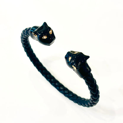 Bracelet jonc cuir véritable tressé noir et tete de panthères en émail noir serties 
Bracelet cuir Polina Firenze
Bracelet mixte 
Polina Firenze bracelets paris
Revendeur Polina Firenze paris 