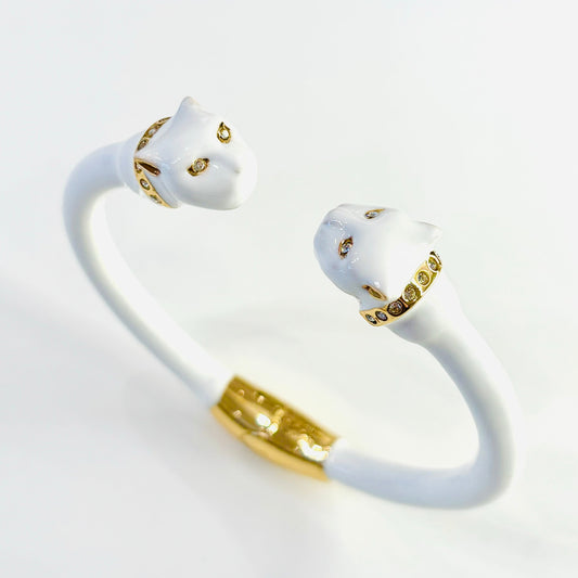 Jonc deux têtes de panthère émail blanc plaqué or 24 carats Polina Firenze made in italy 