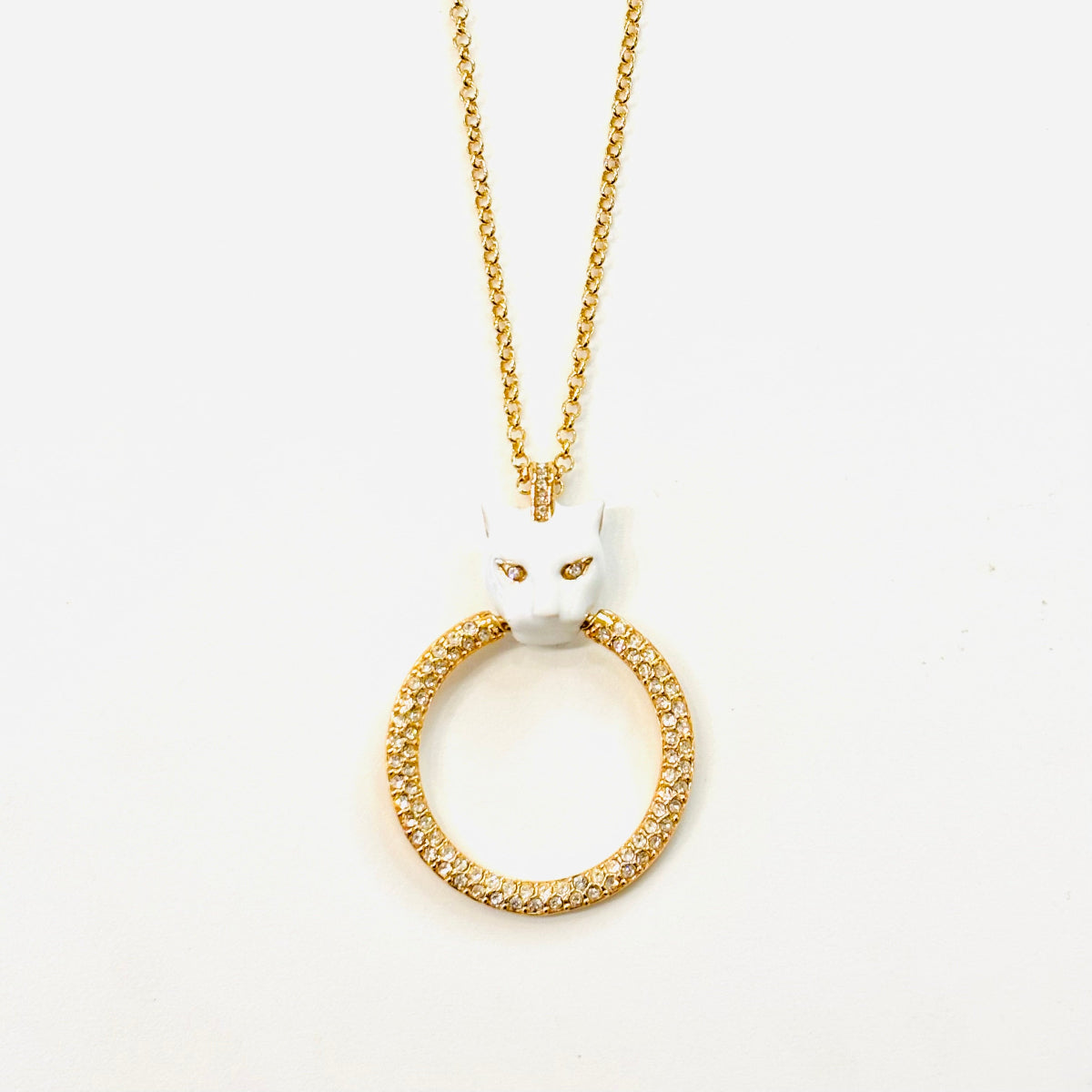 Sautoir Polina Firenze tête de panthère émail blanc anneau serti plaqué or 24 carats  
