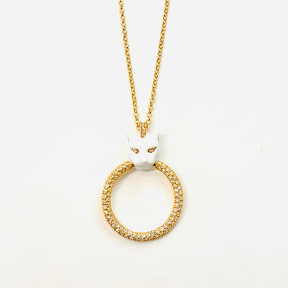 Sautoir Polina Firenze tête de panthère émail blanc anneau serti plaqué or 24 carats  