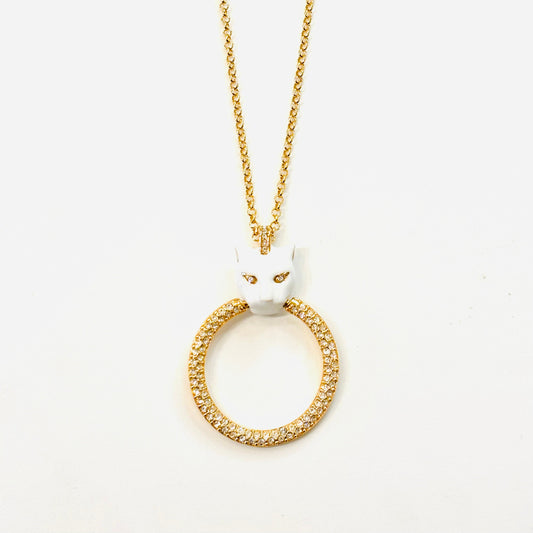 Sautoir Polina Firenze tête de panthère émail blanc anneau serti plaqué or 24 carats  